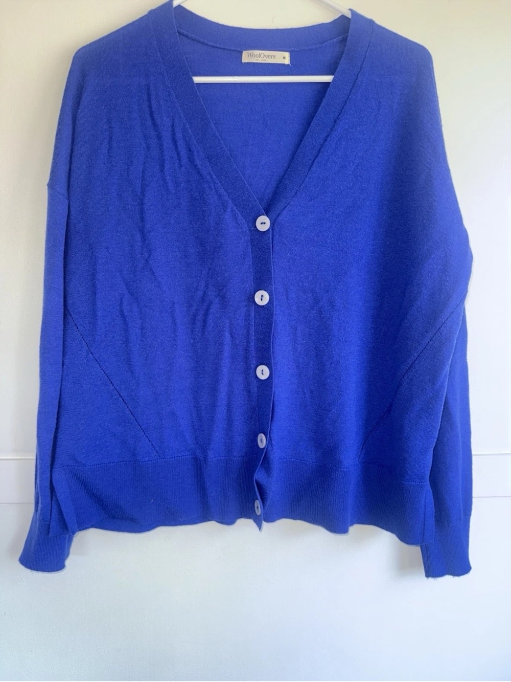 WoolOvers 100% Merino Wool Royal Blue V-Neck Cardigan Sweater Medium Long Sleeve